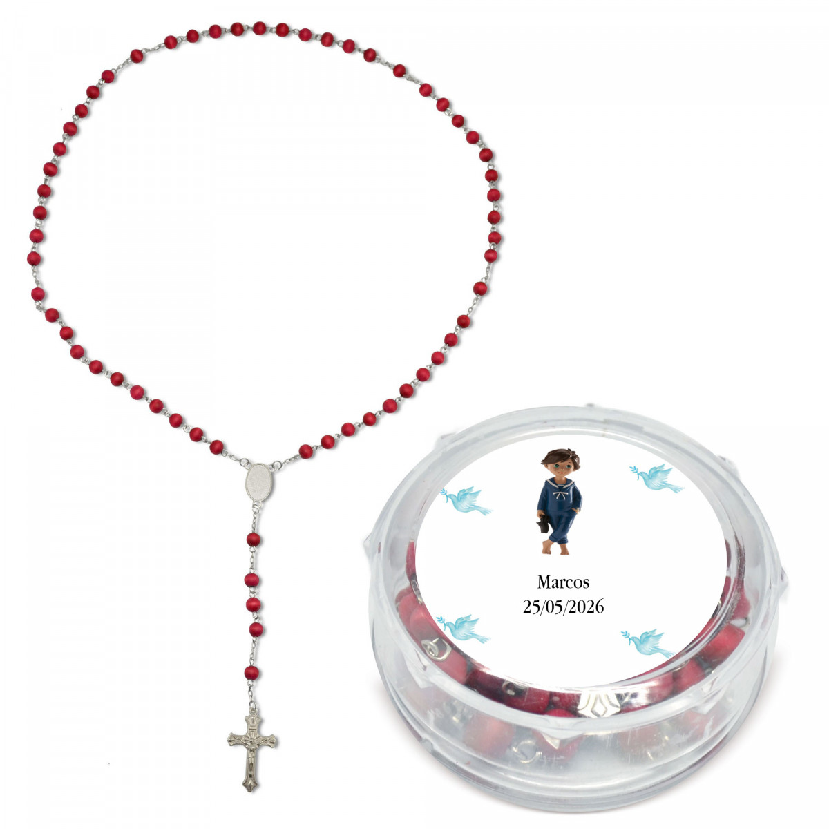 Chapelet parfumé présenté dans une boîte transparente personnalisée avec un autocollant de communion garçon