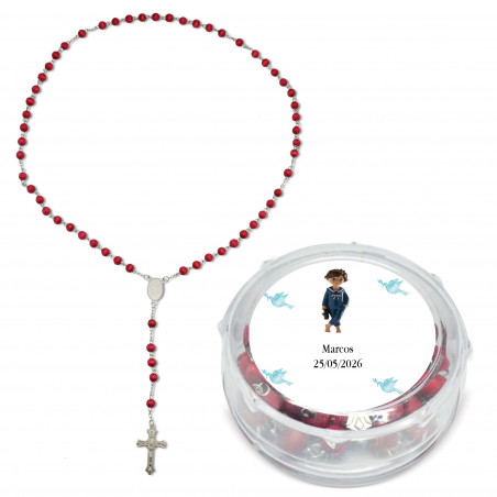 Chapelet parfumé présenté dans une boîte transparente personnalisée avec un autocollant de communion garçon