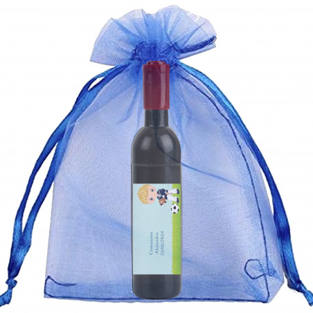 Tire bouchon personnalisé avec communion adhésive enfant dans un sac en organza bleu électrique