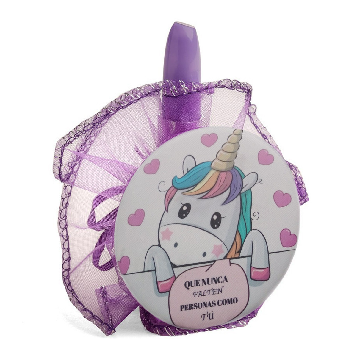Miroir licorne avec stylo à lèvres dans un sac en organza lilas.