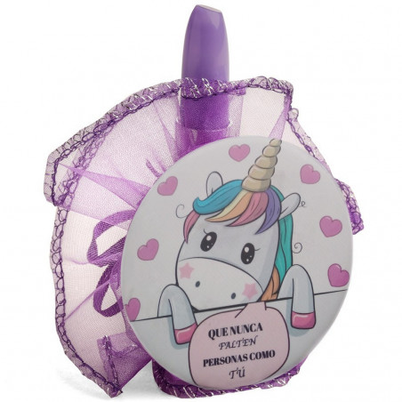 Miroir licorne avec stylo à lèvres dans un sac en organza lilas.