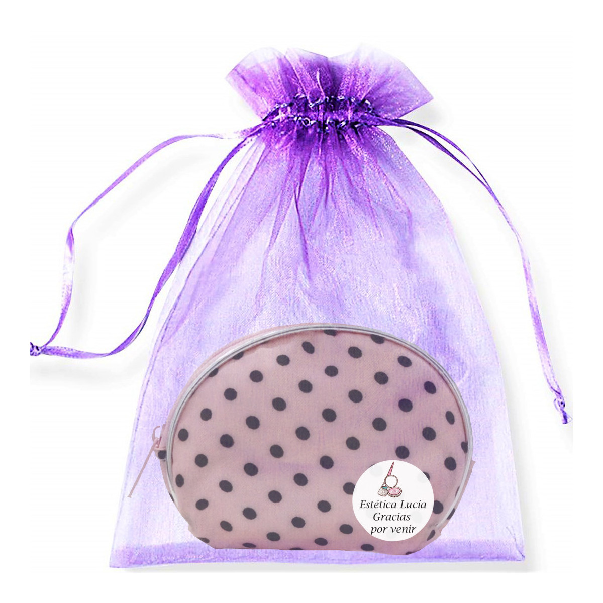 Porte-monnaie dans un sac en organza personnalisé avec autocollant idéal pour les clients de salons de coiffure et d'esthétique.