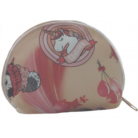 Porte-monnaie licorne présenté dans un sac en organza rose personnalisé avec autocollant