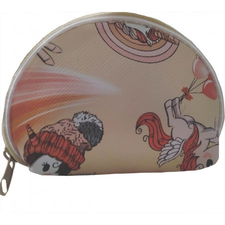 Porte-monnaie licorne présenté dans un sac en organza rose personnalisé avec adhésif