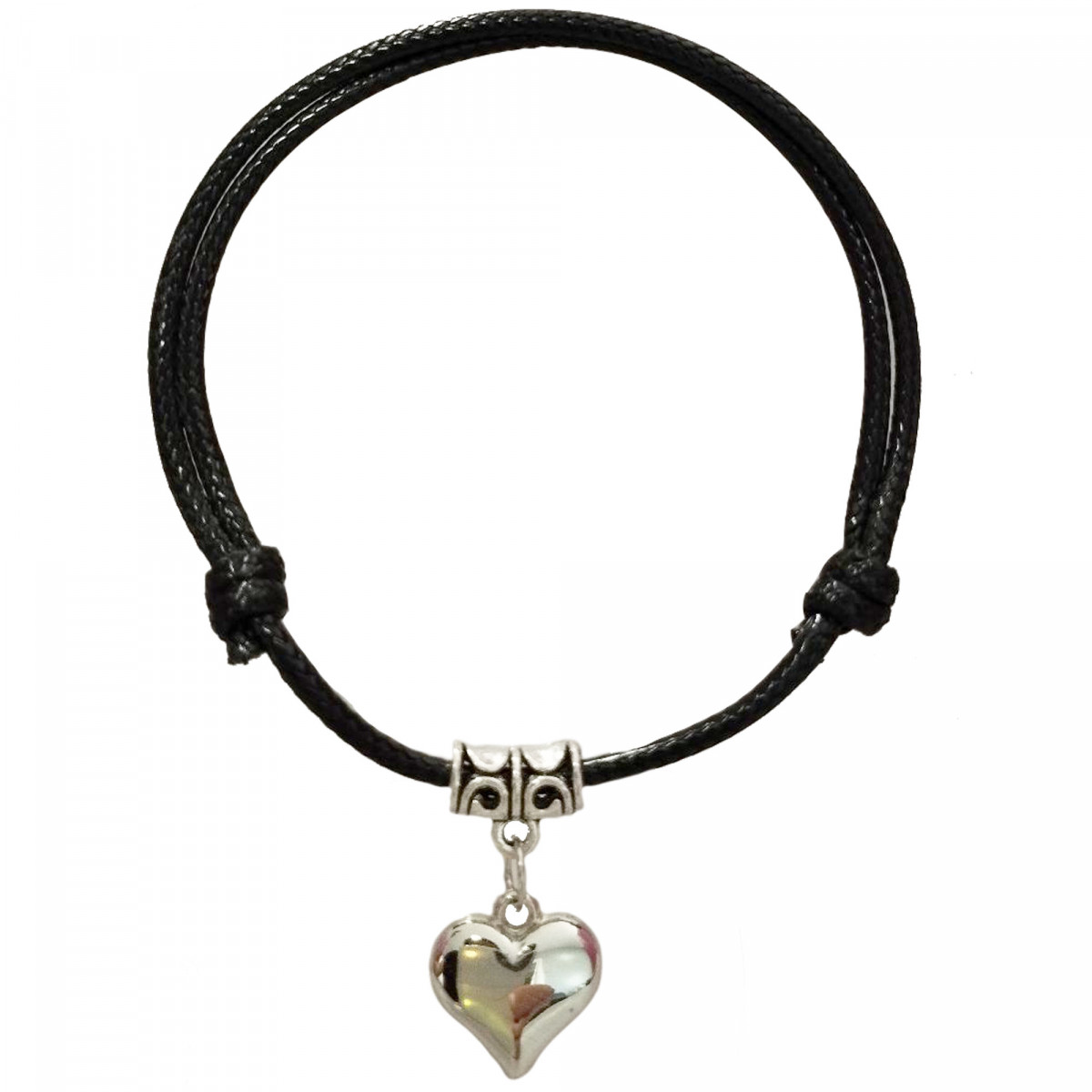 Bracelet ajustable noir avec coeur argenté