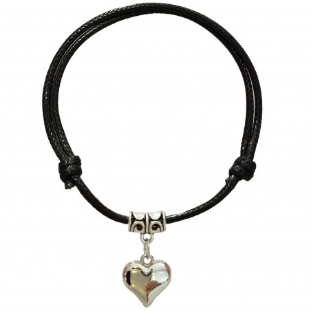 Bracelet ajustable noir avec coeur argenté