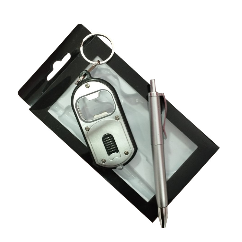 Porte-clés lampe ouvre-bouteille avec stylo présenté dans une boîte