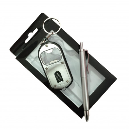 Ouvre-lampe porte-clés avec stylo présenté dans une boîte