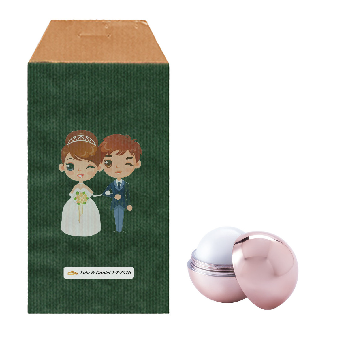 Baume à lèvres sphérique avec enveloppe kraft verte et autocollants de mariage personnalisés