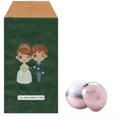 Baume à lèvres sphérique avec enveloppe kraft verte et autocollants de mariage personnalisés