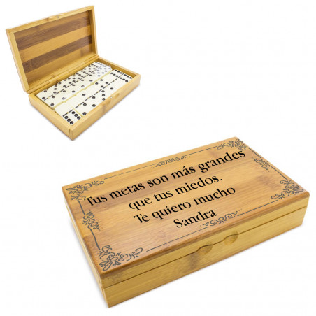 Dominos personnalisés avec phrase dans une boîte en bambou