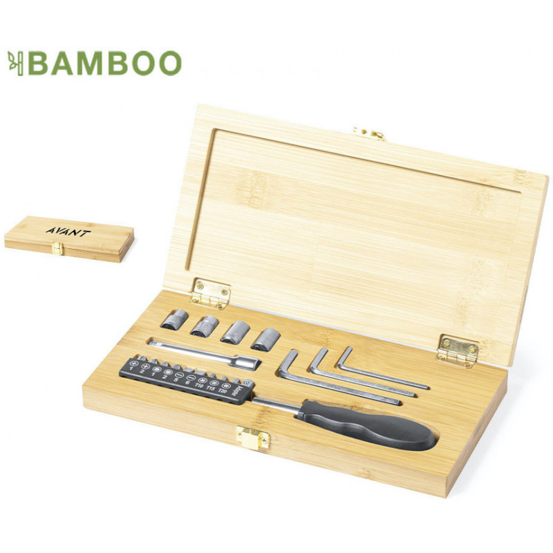 Tournevis avec embouts et clés interchangeables dans une boîte en bois