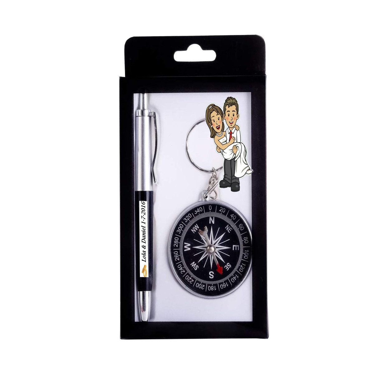 Porte-clés boussole et stylo dans une boîte en carton et personnalisé avec un autocollant