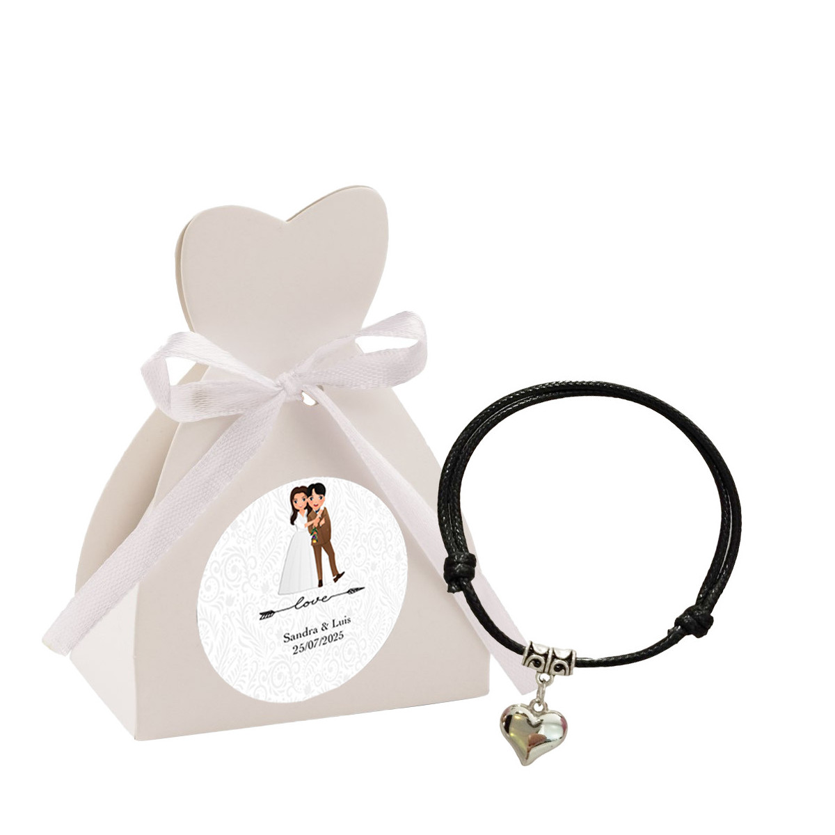 Bracelet cordon réglable avec coeur en métal dans une boîte personnalisée avec adhésif
