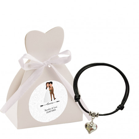Bracelet cordon réglable avec coeur en métal dans une boîte personnalisée avec un autocollant de mariage des mariés