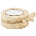 Bougie rustique dans un sac en organza beige décorée avec un autocollant personnalisé avec des alliances de mariage