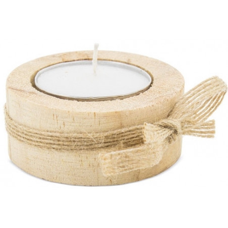 Bougie rustique dans un sac en organza beige décorée avec un autocollant personnalisé avec des alliances de mariage