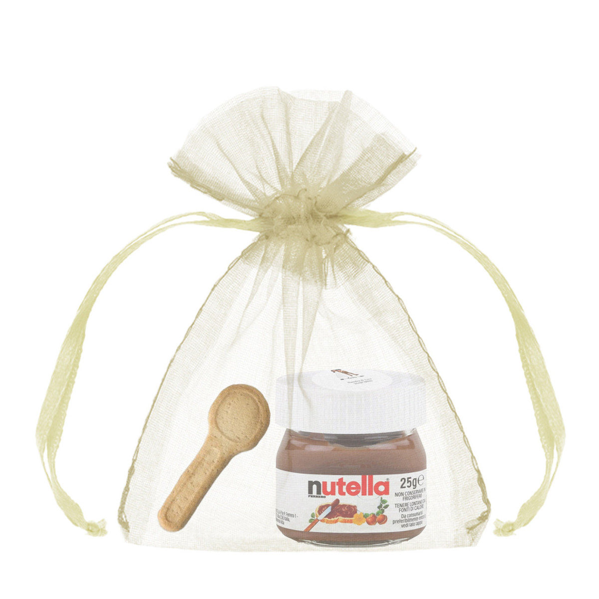 Pot de nutella avec cuillère de biscuit dans un sac en organza et personnalisé avec un autocollant pour les mariages