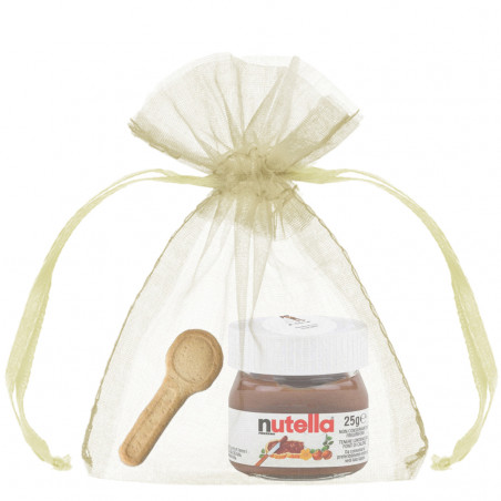 Pot de nutella avec cuillère à biscuits dans un sac en organza et personnalisé avec adhésif