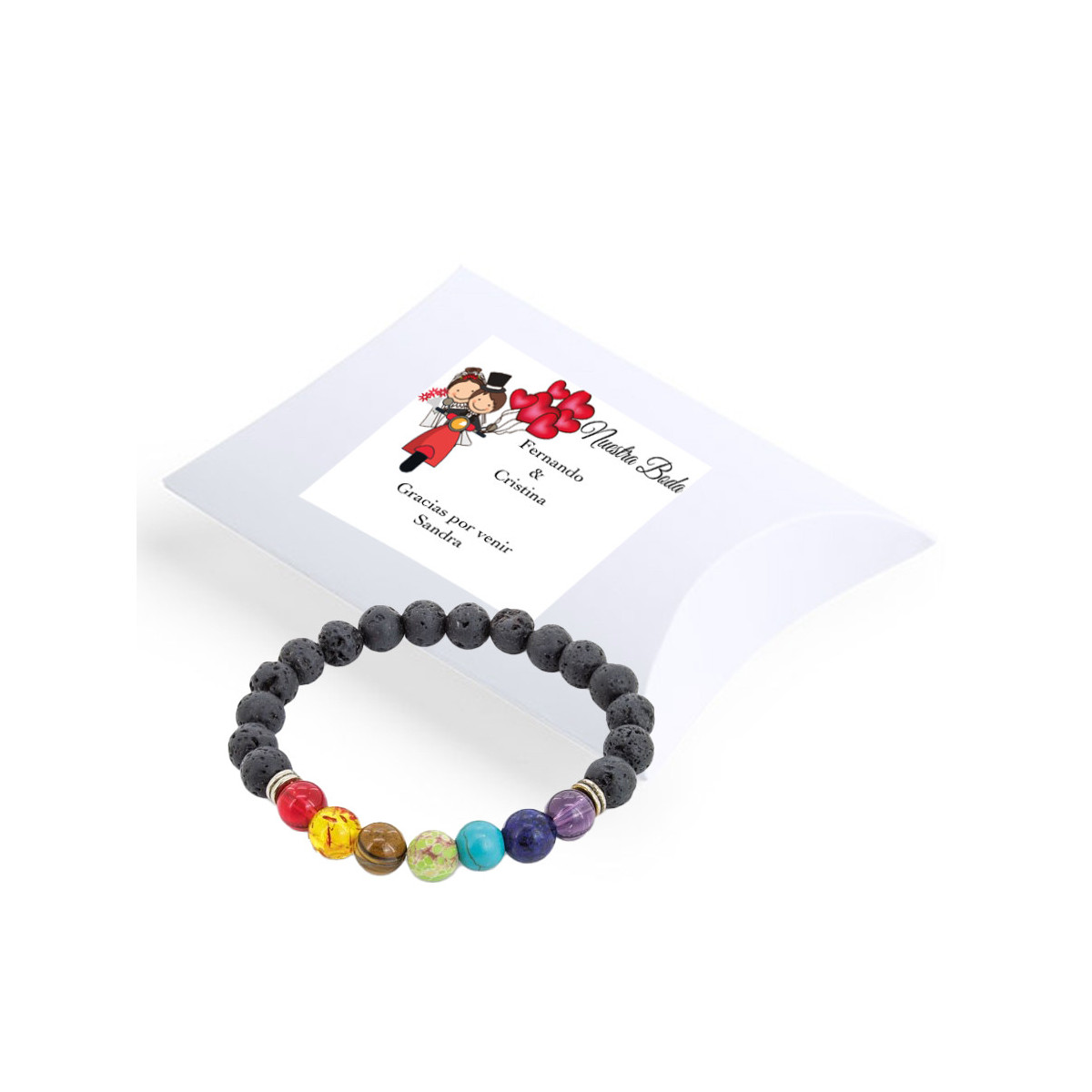 Bracelets avec pierres chakras dans une boîte en carton blanche avec un autocollant personnalisé