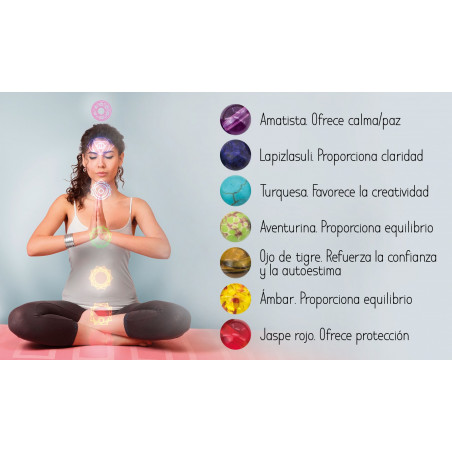 Bracelets avec pierres chakras dans une boîte en carton blanche avec un autocollant personnalisé