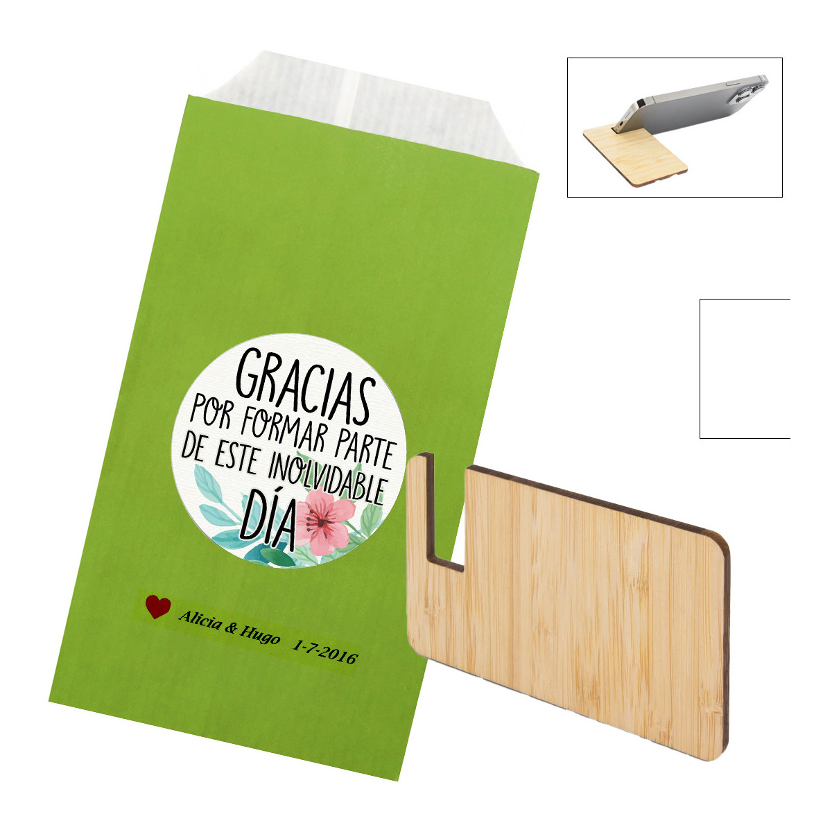 Support de mobile en bois présenté dans une enveloppe kraft verte personnalisée
