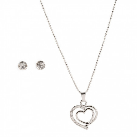 Collier et boucles d'oreilles présentés dans un sac transparent avec un marque-page de mariage personnalisé