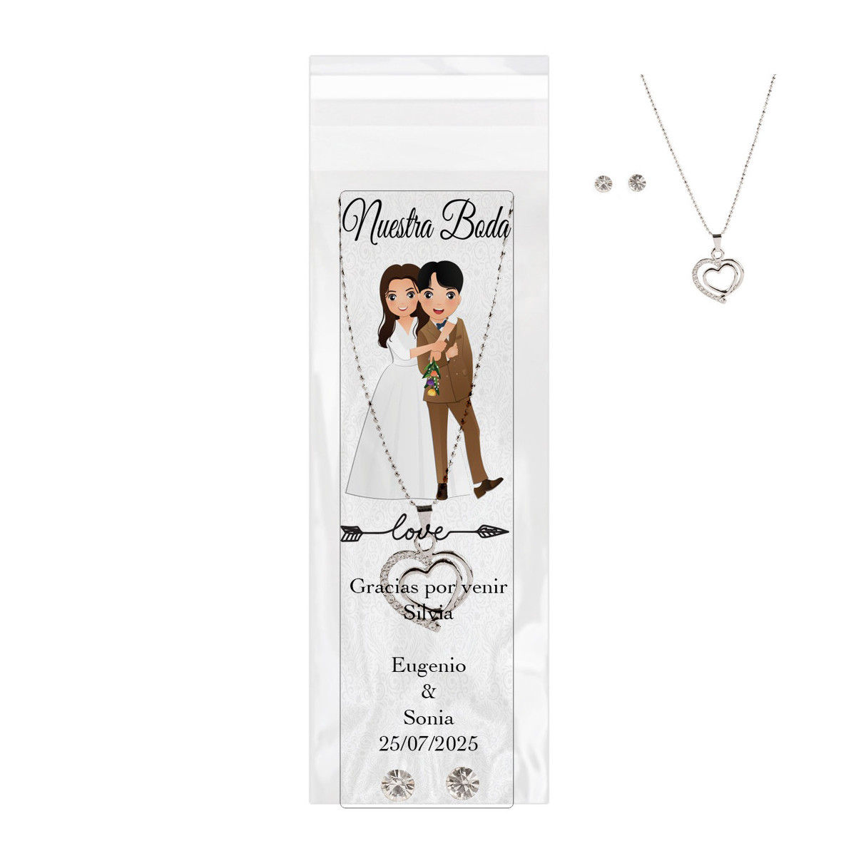 Collier et boucles d'oreilles présentés dans un sac transparent avec un marque-page de mariage personnalisé