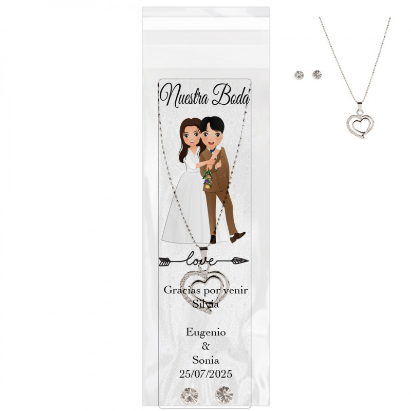 Collier et boucles d'oreilles présentés dans un sac transparent avec un marque-page de mariage personnalisé