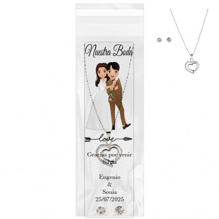 Collier et boucles d'oreilles présentés dans un sac transparent avec un marque-page de mariage personnalisé
