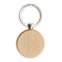 Porte clés circulaire en bois personnalisé avec adhésif et présenté dans un sac en daim