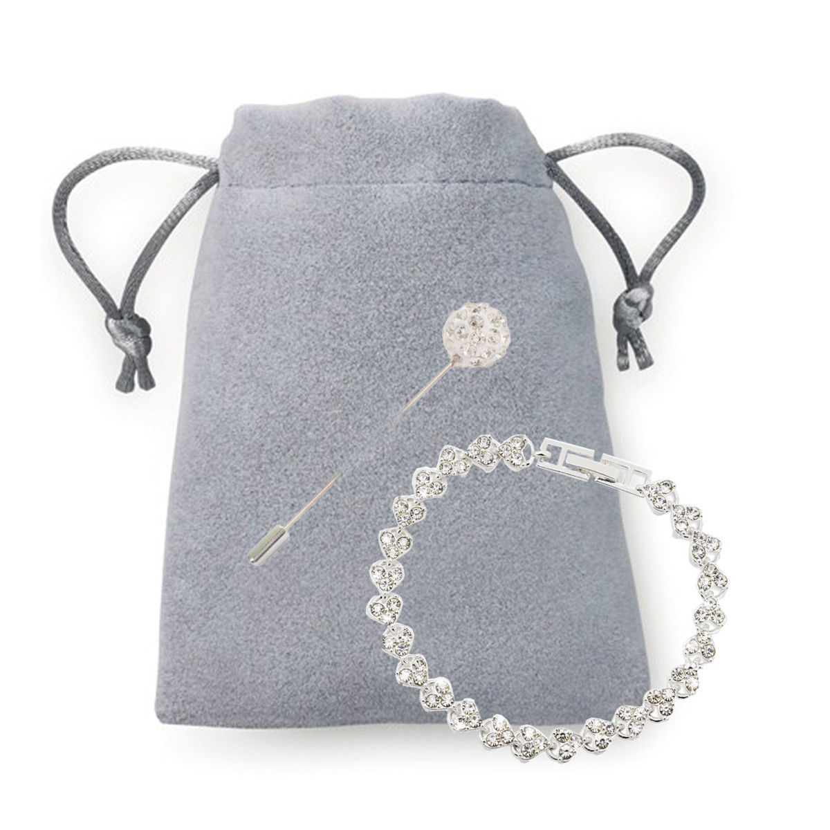 Bracelet de bijoux fins avec cristaux présenté dans un sac en daim et une épingle de mariage