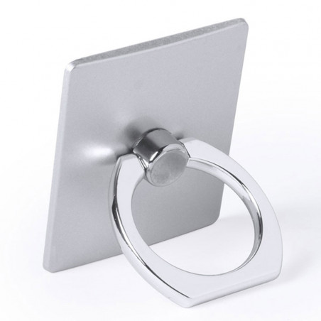 Support de bague pour mobile présenté dans un sachet en suédine et autocollant personnalisé de mariage.