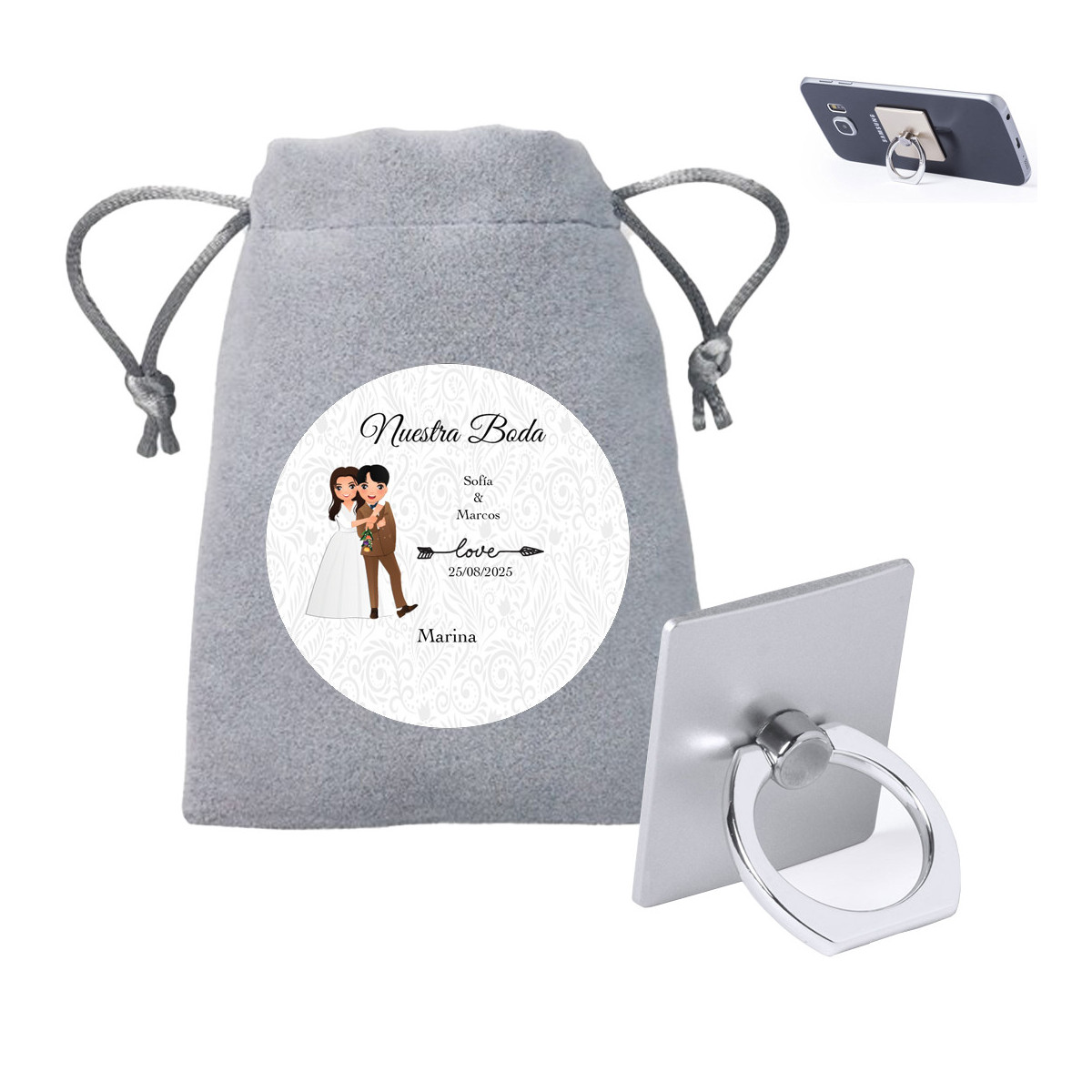 Support de bague pour mobile présenté dans un sachet en suédine et autocollant personnalisé de mariage.