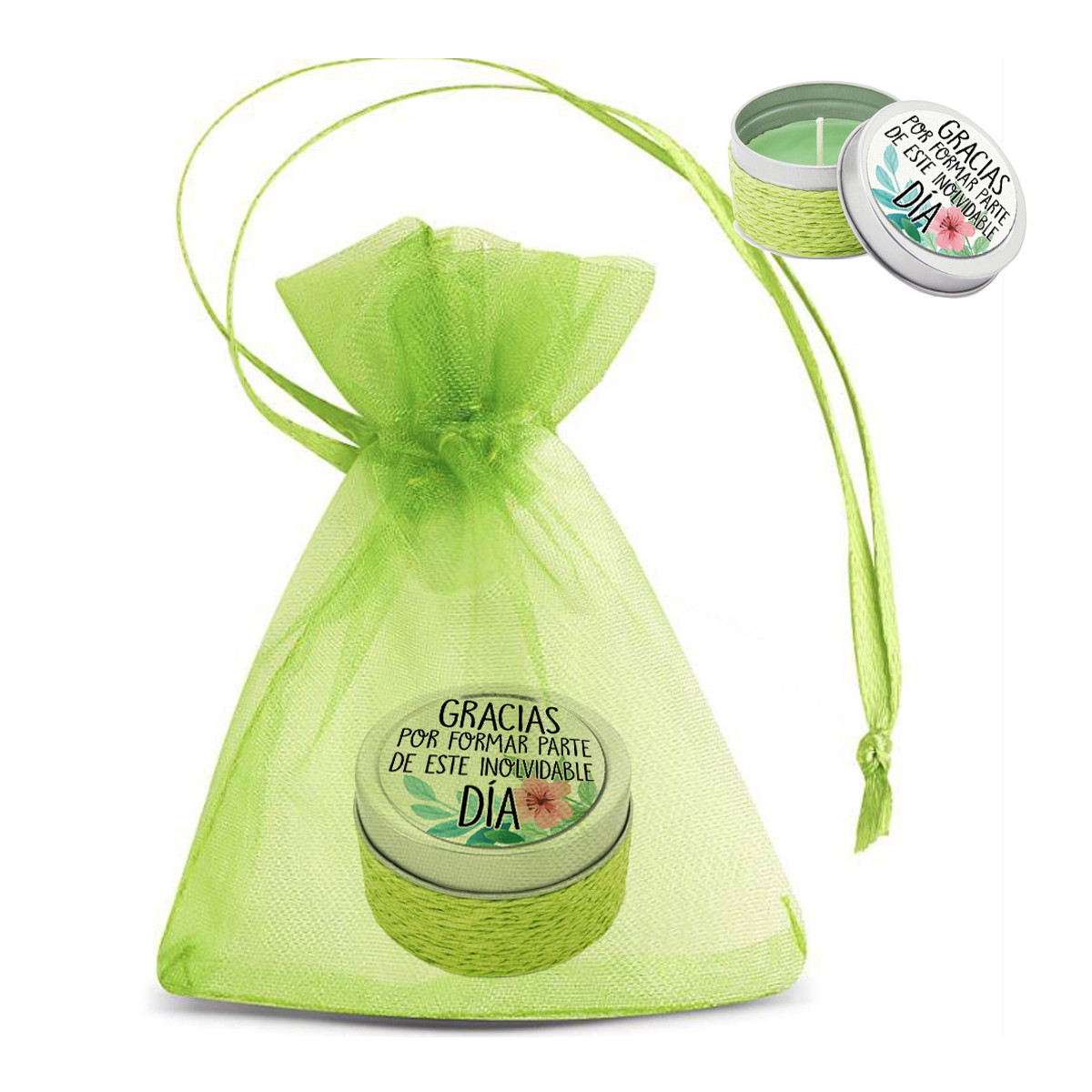 Bougie aromatique en boîte personnalisée avec autocollant et présentée dans un sac en organza