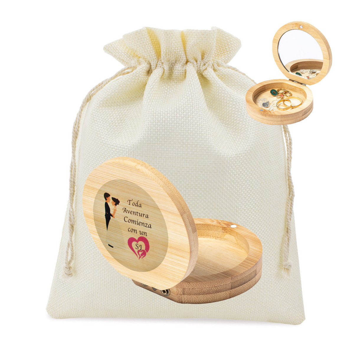 Boîte à bijoux en bois avec miroir présentée dans un sac rustique