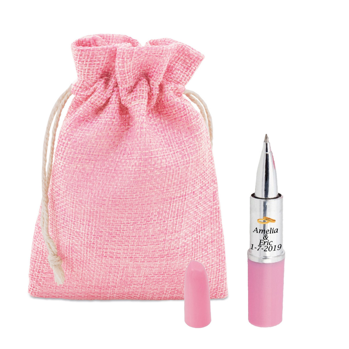 Bille rouge à lèvres dans un sac rustique de couleur rose personnalisé