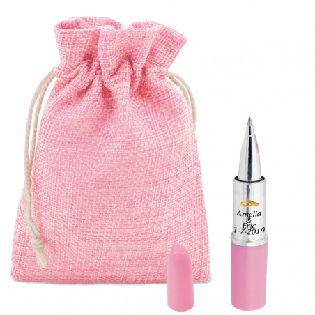 Bille rouge à lèvres dans un sac rustique de couleur rose personnalisé