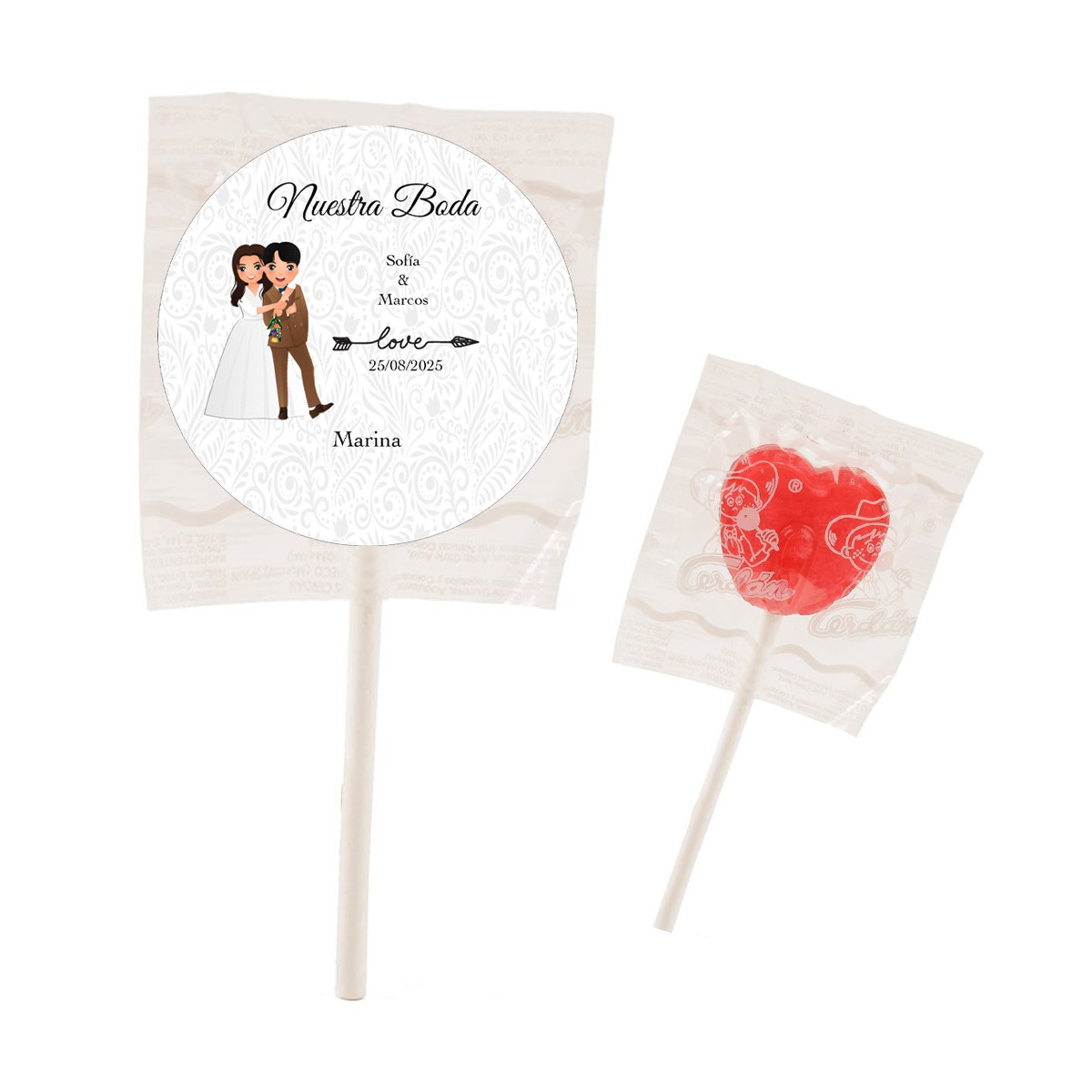 Sucette en forme de cœur rouge personnalisée avec un autocollant de mariage