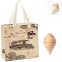 Toupie en bois avec fil présentée dans un sac de style vintage