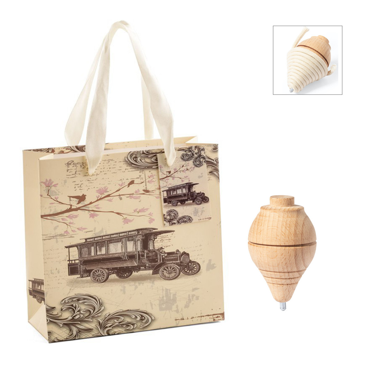 Toupie en bois avec fil présentée dans un sac de style vintage