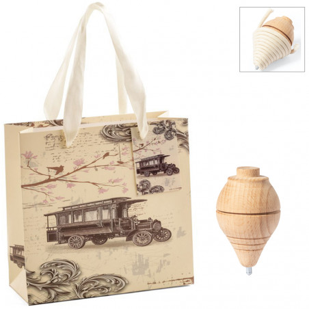 Toupie en bois avec fil présentée dans un sac de style vintage