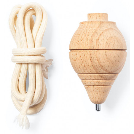 Toupie en bois avec fil présentée dans un sac de style vintage