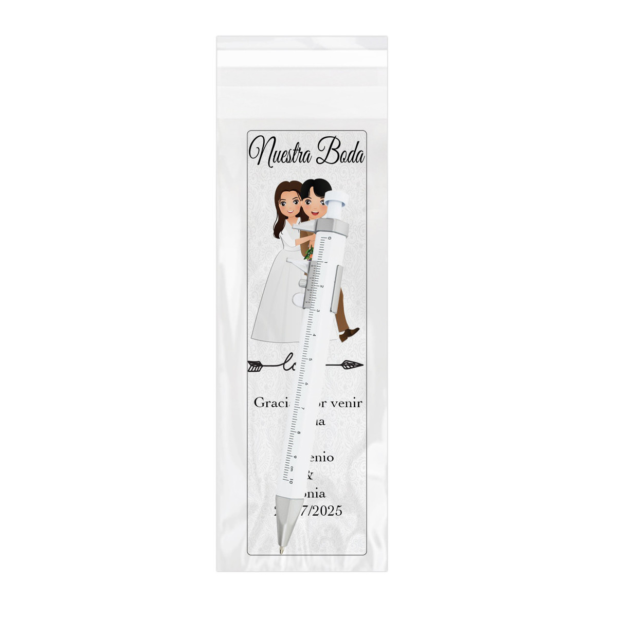 Stylo avec outil de mesure présenté dans un sac transparent et un marque-page personnalisé spécifique au mariage.