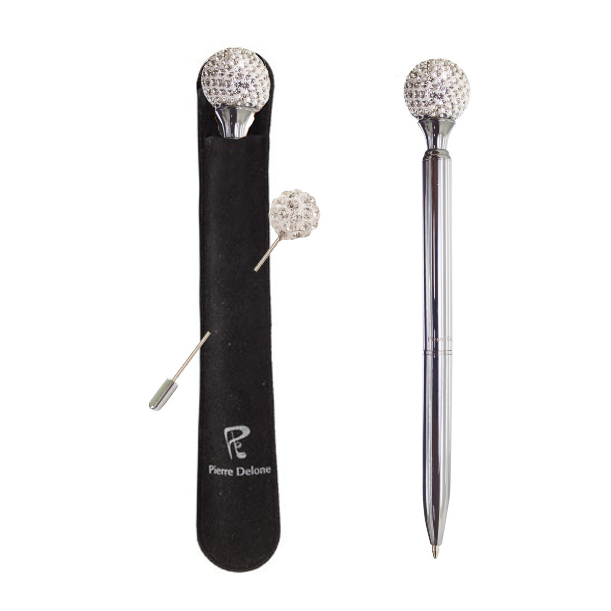 Stylo avec boule de cristal présenté dans un étui noir et une épingle pour les mariages
