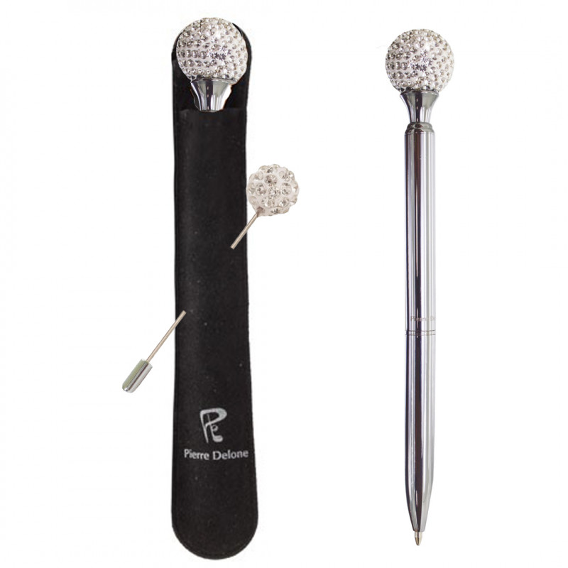Stylo avec boule de cristal présenté dans un étui noir et une épingle pour les mariages