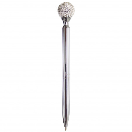 Stylo avec boule de cristal présenté dans un étui noir et une épingle pour les mariages