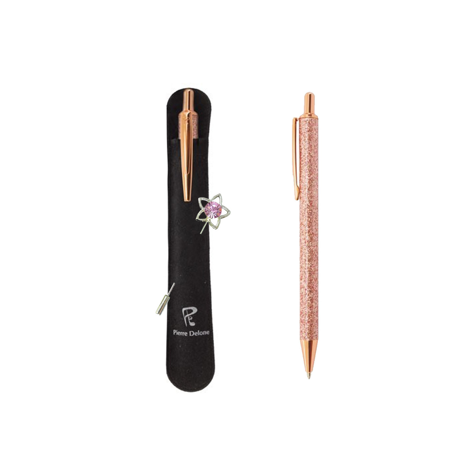 Stylo à paillettes en corps entier dans une pochette en daim et épingle en forme d'étoile