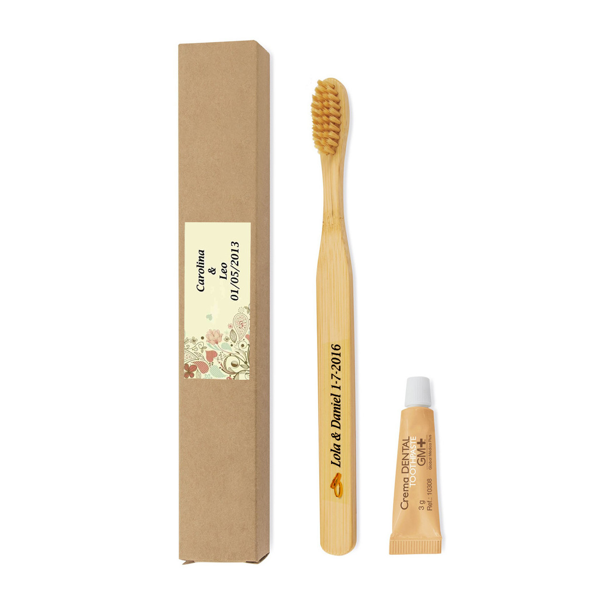 Brosse à dents en bambou personnalisé avec autocollant pour les mariages avec dentifrice dans une boîte en carton