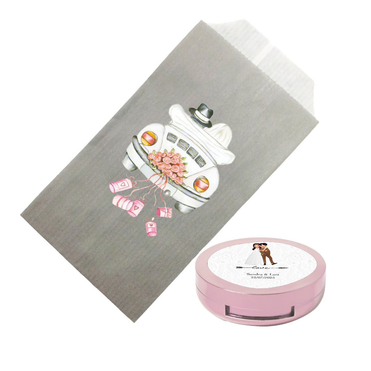 Gloss à lèvres crème présenté dans une enveloppe kraft et personnalisé avec un sticker de mariage